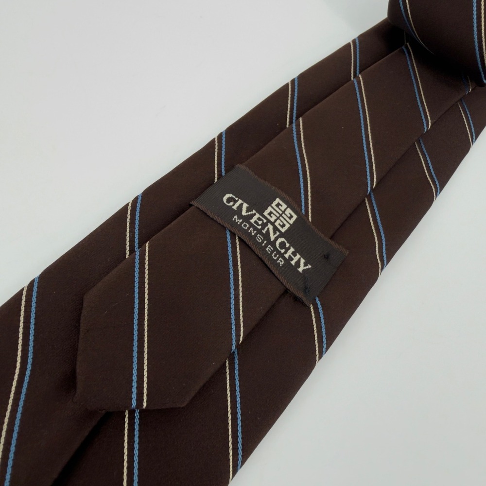 Givenchy Monsieur Mens Tie Brown Blue Cream Striped Silk Blend Made in USA